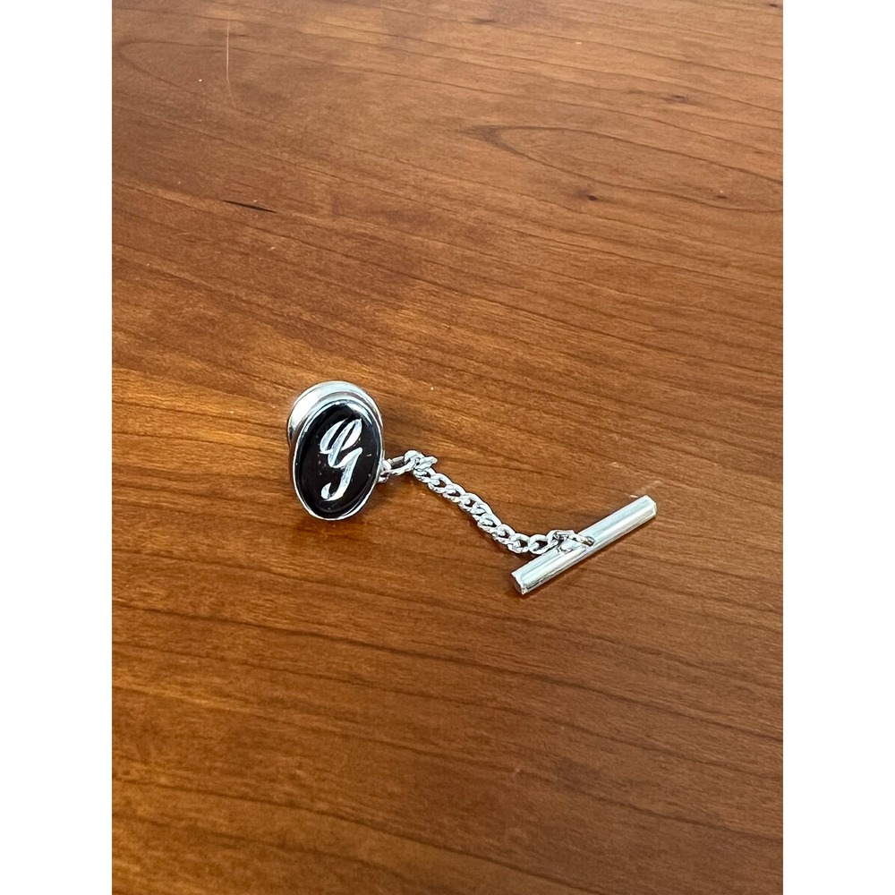 Vintage Silver Tone Initial G Tie Tack Oval Script Letter G Tie Pin with Chain